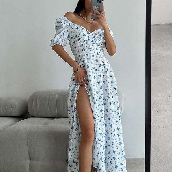 summer design sense niche temperament square collar puff sleeves waist slim split floral dress for women, Black;gray
summer design sense niche temperament square collar puff sleeves waist slim split floral dress for women, Black;gray