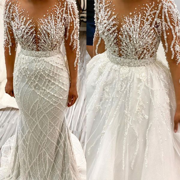 luxury mermaid wedding dresses long sleeves beads appliques lace bridal gowns custom made sweep train robe de mariee, White
luxury mermaid wedding dresses long sleeves beads appliques lace bridal gowns custom made sweep train robe de mariee, White