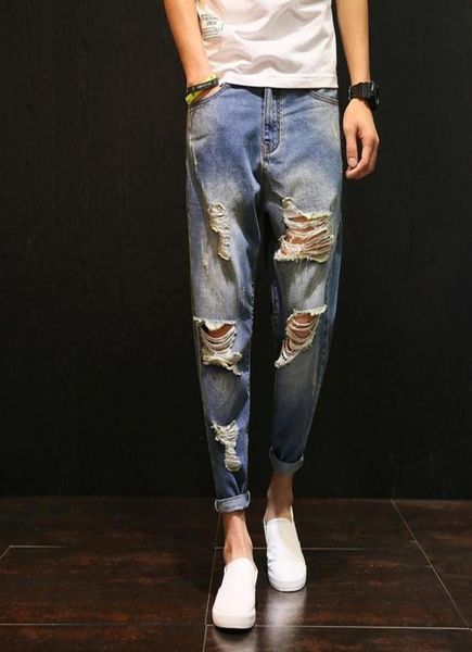 

knee hole ripped jeans men summer hip hop streetwear baggy distressed men039s jeans big sizes denim pants male trousers clothes4313015, Blue