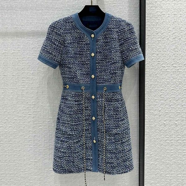 designer dress blue round neck tweed short sleeved slim fitting chain belt slimming knit dress women designer clothing, Black;gray
designer dress blue round neck tweed short sleeved slim fitting chain belt slimming knit dress women designer clothing, Black;gray