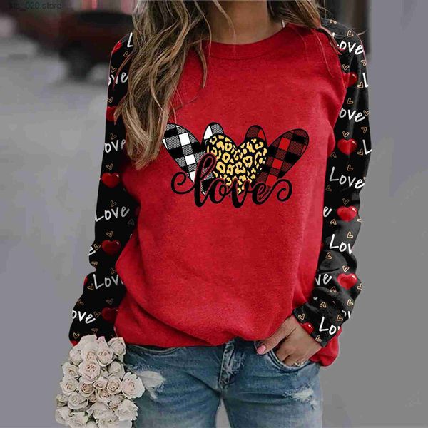 

women's hoodies sweatshirts women valentine's day heart printing sweatshirts crewneck casual pullover splicing sweatshirts long sl, Black