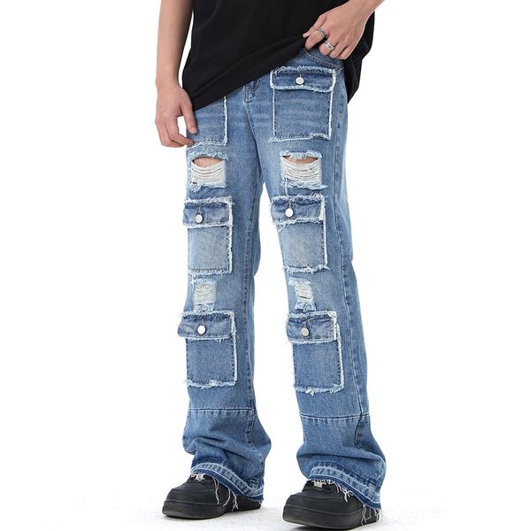 men's jeans harajuku multi-pockets hole ripped baggy jeans for men y2k straight distressed casual streetwear cargos denim trousers 2307, Blue
men's jeans harajuku multi-pockets hole ripped baggy jeans for men y2k straight distressed casual streetwear cargos denim trousers 2307, Blue