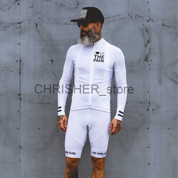 Image of Cycling Jersey Sets Love The Pain White Cycling Jersey Suit Usa Ciclismo Team Clothing 2022 Mens Shirt Long Sleeve Bib Shorts Road Bike Tri Suit Mtb x0727