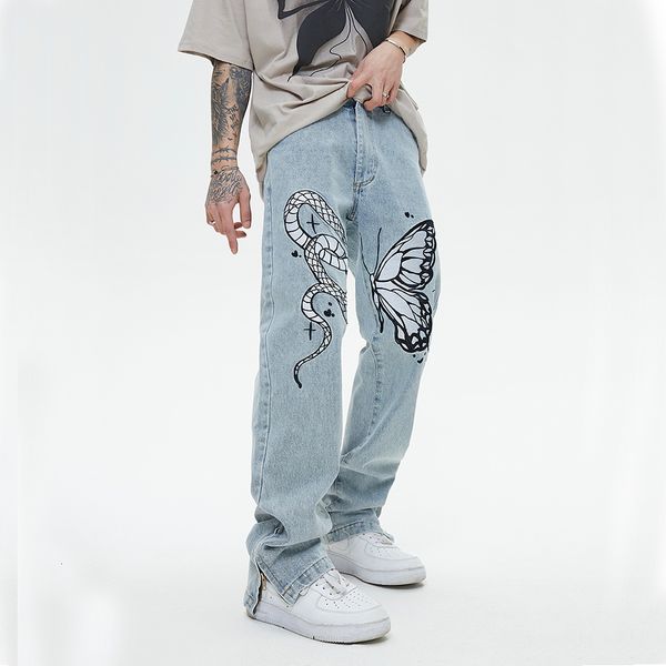 men's jeans high street butterfly and snake embroidery straight jeans pants men's ankle zipper retro pockets loose denim trousers, Blue
men's jeans high street butterfly and snake embroidery straight jeans pants men's ankle zipper retro pockets loose denim trousers, Blue