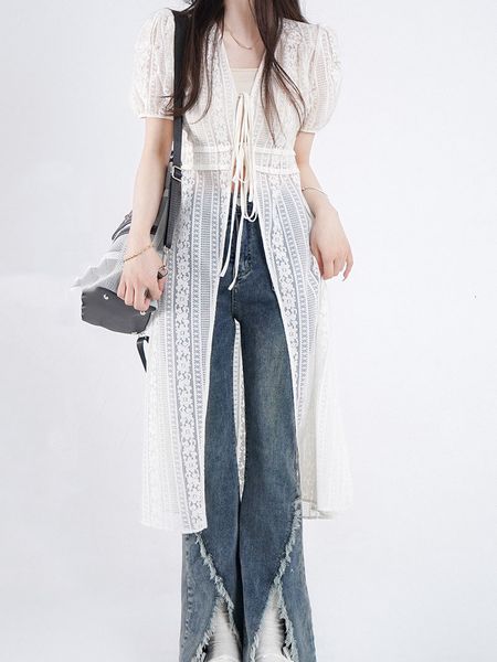 women's knits tees knitted long length cardigan summer lace loose v neck crop puff sleeve women elegant beige laceup korean sheer 2307, White
women's knits tees knitted long length cardigan summer lace loose v neck crop puff sleeve women elegant beige laceup korean sheer 2307, White
