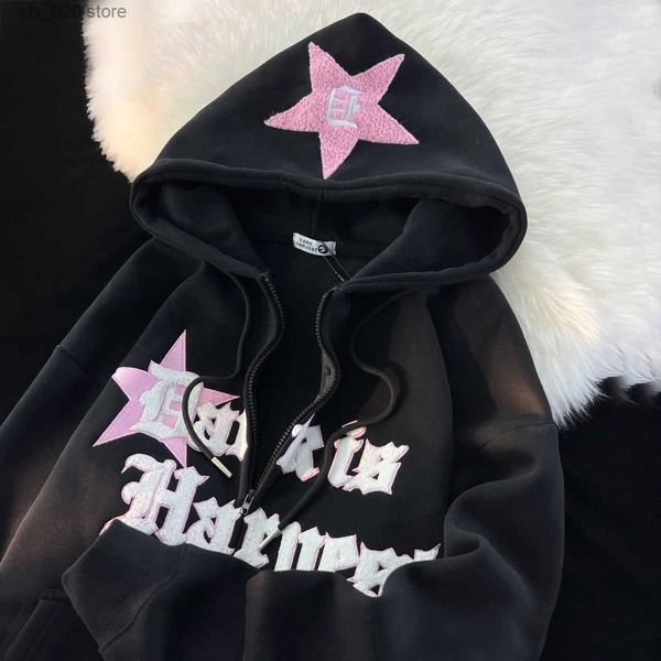women's hoodies sweatshirts y2k american oversize retro embroidered star hooded sweater with plush and thickened fashion brand coat in, Black
women's hoodies sweatshirts y2k american oversize retro embroidered star hooded sweater with plush and thickened fashion brand coat in, Black