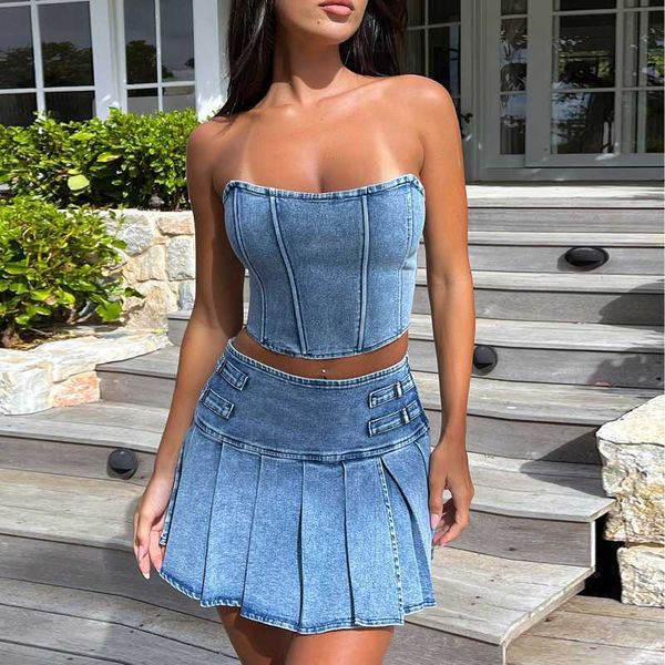 women denim outfits sets 2 piece off shoulder sleeveless corset crop hight waist mini pleated skirts slim dress streetwear, White
women denim outfits sets 2 piece off shoulder sleeveless corset crop hight waist mini pleated skirts slim dress streetwear, White