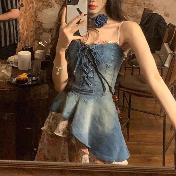 pingyou wild rose denim print suspender women summer dress slimming temperament short, Black;gray
pingyou wild rose denim print suspender women summer dress slimming temperament short, Black;gray