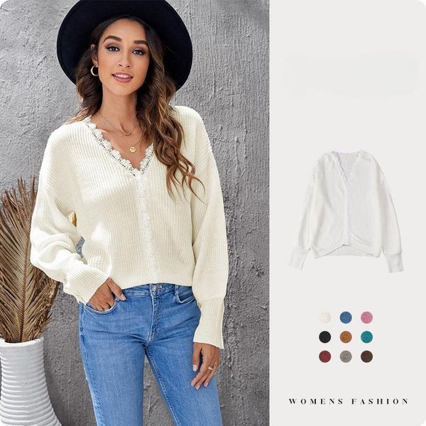 women's solid lace patchwork sweater 2023 fall new v-neck breasted long sleeve lingerie, White;black
women's solid lace patchwork sweater 2023 fall new v-neck breasted long sleeve lingerie, White;black