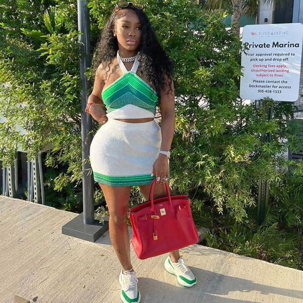 2023 summer women's new fashion jacquard knitted contrast neck hanging high waist slim fit short skirt set, White
2023 summer women's new fashion jacquard knitted contrast neck hanging high waist slim fit short skirt set, White