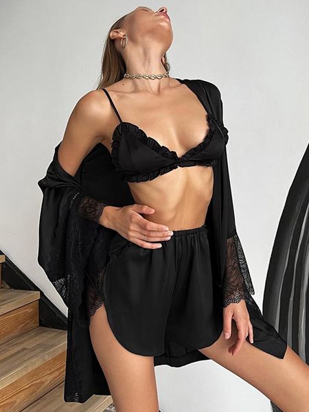 pants linad lace women's nightwear 3 piece sets loose long sleeve pamas female bra autumn casual night suits with shorts ruffle, Black
pants linad lace women's nightwear 3 piece sets loose long sleeve pamas female bra autumn casual night suits with shorts ruffle, Black