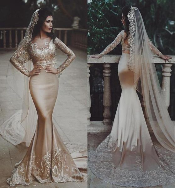 champagne two pieces mermaid wedding dresses beaded scoop neck appliqued beach bridal gowns long sleeves plus size satin vestido d9375469, White
champagne two pieces mermaid wedding dresses beaded scoop neck appliqued beach bridal gowns long sleeves plus size satin vestido d9375469, White