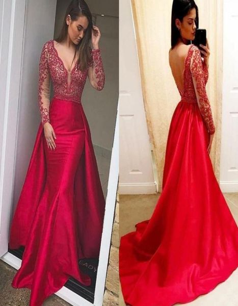 long sleeves mermaid red prom dresses v neck appliques beading satin floor length backless plus size evening dresses pageant party1851773, Black;red 
long sleeves mermaid red prom dresses v neck appliques beading satin floor length backless plus size evening dresses pageant party1851773, Black;red