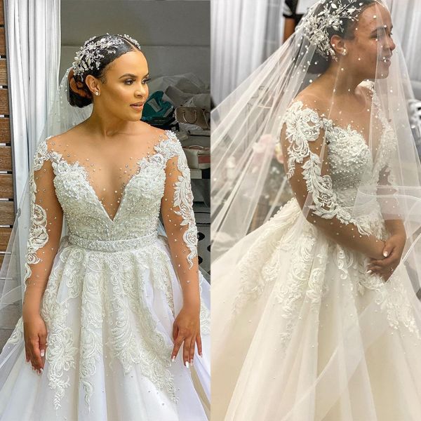 elegant wedding dress sheer neck 3d flowers pearls bridal gowns custom made long sleeve plus size appliques bride robes, White
elegant wedding dress sheer neck 3d flowers pearls bridal gowns custom made long sleeve plus size appliques bride robes, White