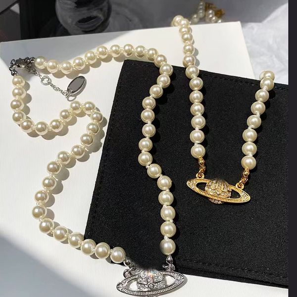 

gold silver pendant saturn necklace white pearl designer jewelry for woman luxury necklaces fashion one row beads 16ich length famous cjewle