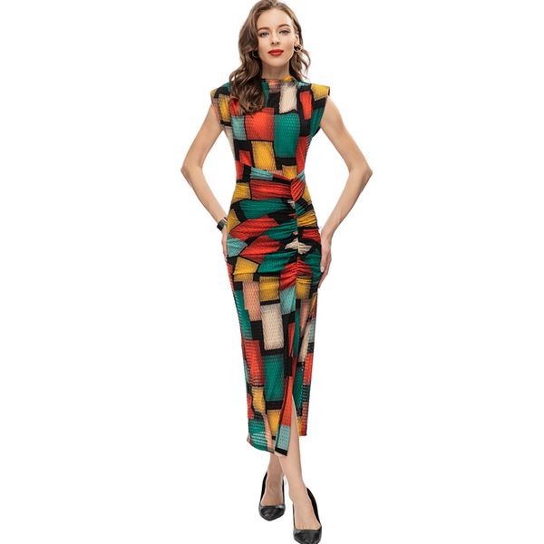 women's runway dresses o neck sleeveless color block printed split sheath fashion designer vestidos, Black
women's runway dresses o neck sleeveless color block printed split sheath fashion designer vestidos, Black