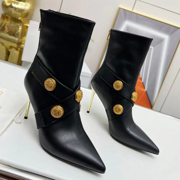full grain leather stiletto ankle boots gold buckle decoration rear zipper pointed toes booties women's outdoor shoes luxury designers, Black
full grain leather stiletto ankle boots gold buckle decoration rear zipper pointed toes booties women's outdoor shoes luxury designers, Black