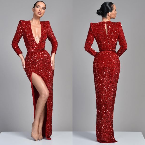 red evening dresses v neck long sleeves sequins party prom dress split long dress for red carpet special occasion, Black;red
red evening dresses v neck long sleeves sequins party prom dress split long dress for red carpet special occasion, Black;red