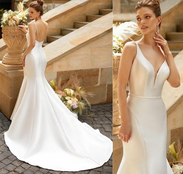 long satin wedding dresses mermaid spaghetti straps v-neck buttons back women bridal gown vestido de noiva robe de mariee, White
long satin wedding dresses mermaid spaghetti straps v-neck buttons back women bridal gown vestido de noiva robe de mariee, White