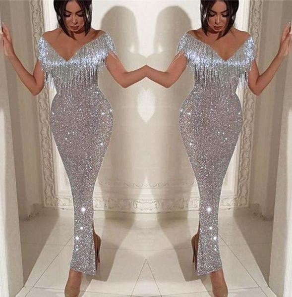 2022 sequined silver mermaid prom dresses with deep v neck tassels ankle length back split dubai african evening dress pageant ves9680280, Black
2022 sequined silver mermaid prom dresses with deep v neck tassels ankle length back split dubai african evening dress pageant ves9680280, Black