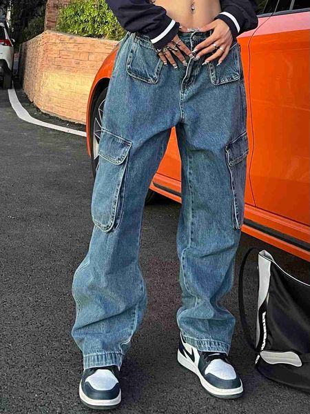 women's jeans retro multi pocket women's jeans loose straight leg wide leg cargo pants y2k trendy low end jeans luggage jeans z230, Blue
women's jeans retro multi pocket women's jeans loose straight leg wide leg cargo pants y2k trendy low end jeans luggage jeans z230, Blue