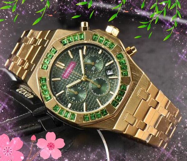 Image of Six needles colorful big diamonds ring watch 42mm sub dials work fashion mens clock High Quality Sport Japen VK Quartz Chronograph wholesale men&#039;s gifts wristwatch