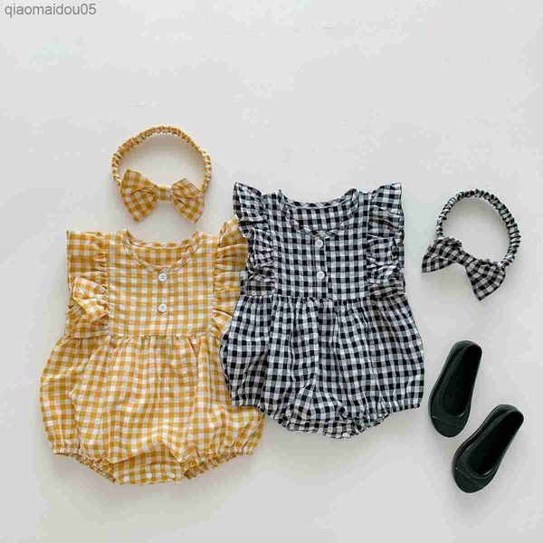 summer baby sleeveless flying sleeve clothes for baby girls thin color matching checkered onesie crling suit baby clothes l230712, Blue 
summer baby sleeveless flying sleeve clothes for baby girls thin color matching checkered onesie crling suit baby clothes l230712, Blue