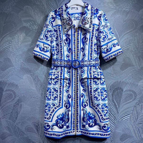 designer dress vintage blue and white pottery printed diamond studded beads slim waist short sleeve dress women designer clothing, Black;gray
designer dress vintage blue and white pottery printed diamond studded beads slim waist short sleeve dress women designer clothing, Black;gray
