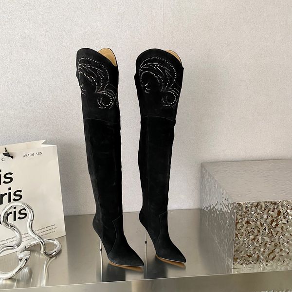 embroidered drill over knee boots with fine heels toe stiletto heel tall boot luxury designers shoe for women factory footwear, Black
embroidered drill over knee boots with fine heels toe stiletto heel tall boot luxury designers shoe for women factory footwear, Black