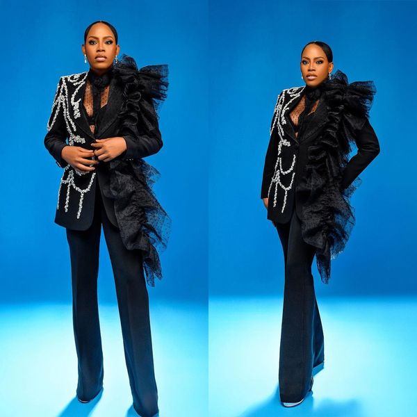 cool black girls pants suits designer crystal beading ruffles women formal party prom evening wear 2 pieces, Black;red
cool black girls pants suits designer crystal beading ruffles women formal party prom evening wear 2 pieces, Black;red