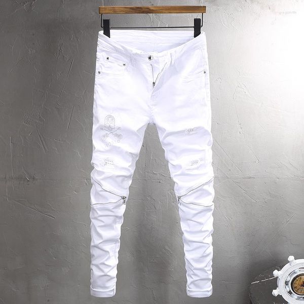 men's jeans street fashion men white elastic stretch skinny ripped skull designer zipper patched hip hop punk pants hombre, Blue
men's jeans street fashion men white elastic stretch skinny ripped skull designer zipper patched hip hop punk pants hombre, Blue