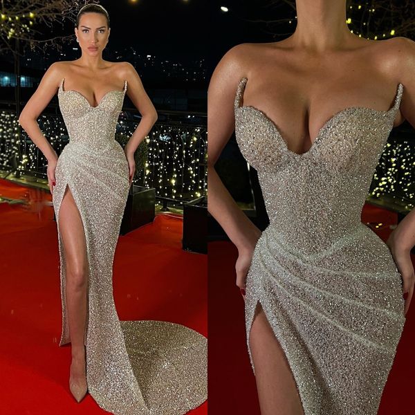 sequins evening dresses sweetheart split party prom dress sweep train pleats long dress for red carpet special occasion, Black;red