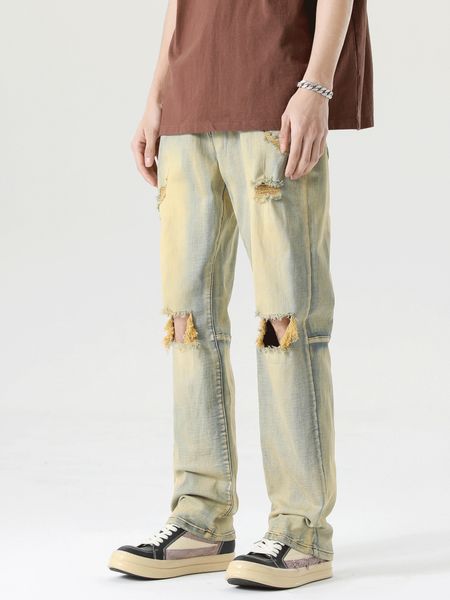 men's designer distressed jeans, ruffled and handsome pants, loose fitting retro yellow mud distressed jeans, Blue
men's designer distressed jeans, ruffled and handsome pants, loose fitting retro yellow mud distressed jeans, Blue