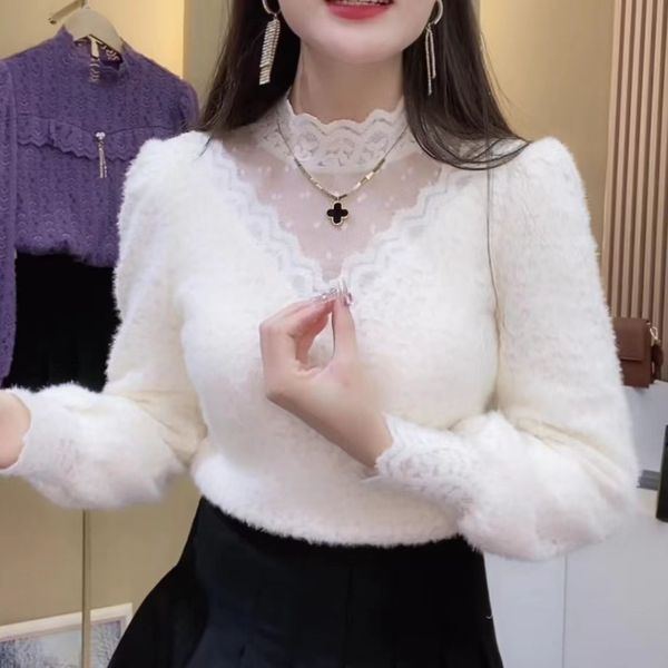 women s t shirt white half high collar plus velvet lace bottomed blouse hollow pullover autumn winter inner 230729
women s t shirt white half high collar plus velvet lace bottomed blouse hollow pullover autumn winter inner 230729