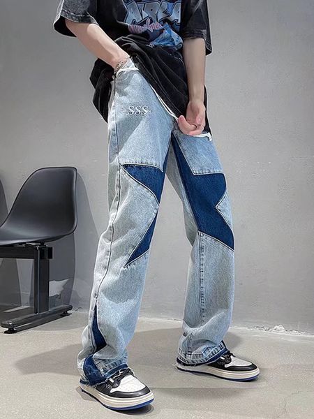 mens jeans washed and worn pentagram splicing jeans for men fashionable and versatile loose straight trousers baggy wide leg casual pants 23, Blue
mens jeans washed and worn pentagram splicing jeans for men fashionable and versatile loose straight trousers baggy wide leg casual pants 23, Blue