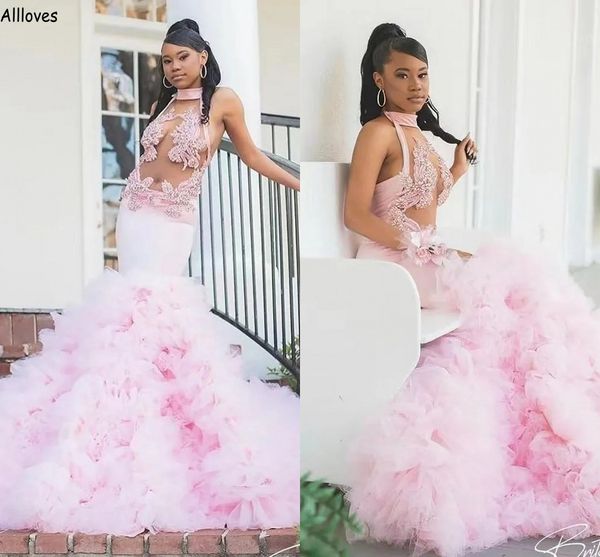 light pink african mermaid evening dresses tulle ruffles skirt gorgeous second reception formal gowns halter beaded hollow slim and flare pr, Black;red
light pink african mermaid evening dresses tulle ruffles skirt gorgeous second reception formal gowns halter beaded hollow slim and flare pr, Black;red