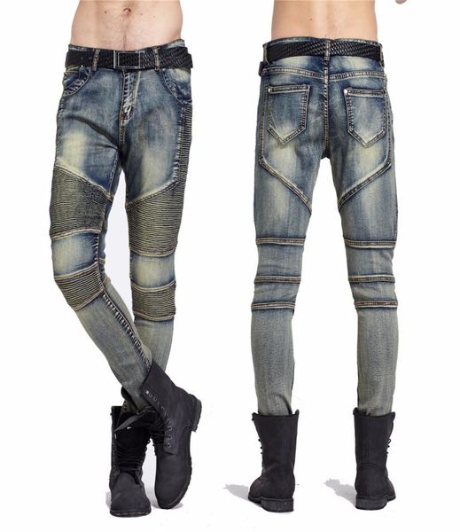 

fashionmens skinny jeans men runway distressed slim elastic jeans denim biker jeans hip hop pants washed pleated jean blue4837707, Blue