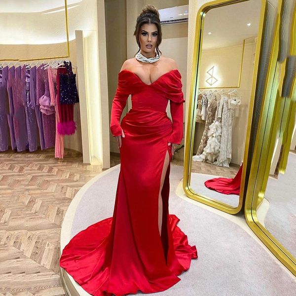 elegant red mermaid evening dresses off shoulder bodycon prom gown with long sleeve side split pleated formal party dress, Black;red
elegant red mermaid evening dresses off shoulder bodycon prom gown with long sleeve side split pleated formal party dress, Black;red