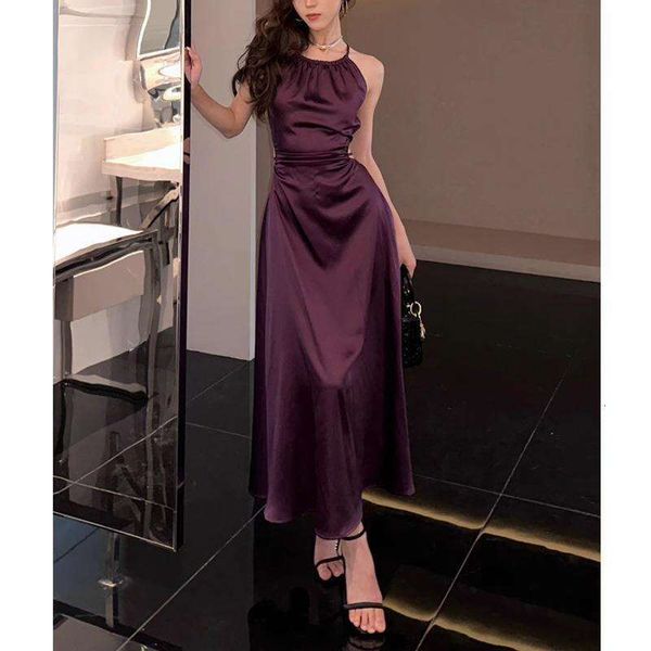 yayun| french pleated temperament revealing waist hanging neck satin spring and summer super slimming dress long, Black;gray
yayun| french pleated temperament revealing waist hanging neck satin spring and summer super slimming dress long, Black;gray