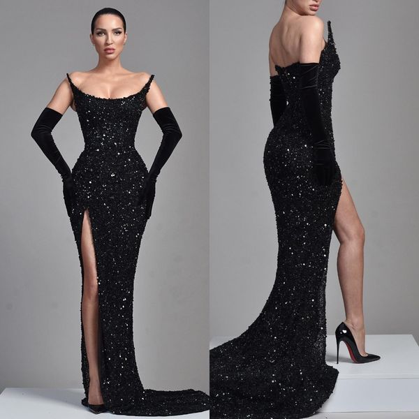 black sequins evening dresses long sleeves strapless split party prom dress sweep train long dress for red carpet special occasion, Black;red
black sequins evening dresses long sleeves strapless split party prom dress sweep train long dress for red carpet special occasion, Black;red