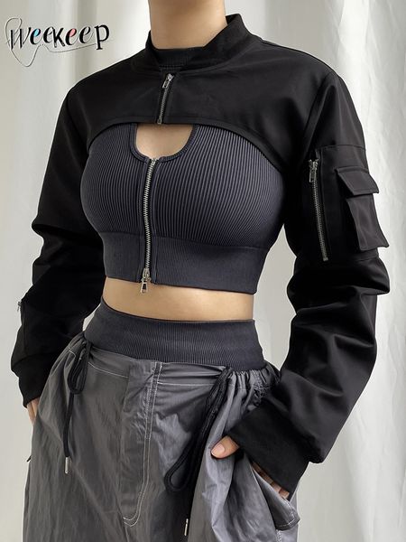 women s jackets weekeep punk style super cropped jacket zip up pocket patchwork cargo women outfits streetwear black coat korean fashion 230, Black;brown
women s jackets weekeep punk style super cropped jacket zip up pocket patchwork cargo women outfits streetwear black coat korean fashion 230, Black;brown