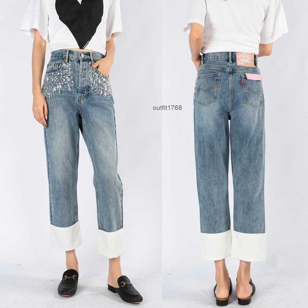 miu same high waist straight barrel handmade rhinestone foot contrast color 8-9 point jeans for women, Blue
miu same high waist straight barrel handmade rhinestone foot contrast color 8-9 point jeans for women, Blue