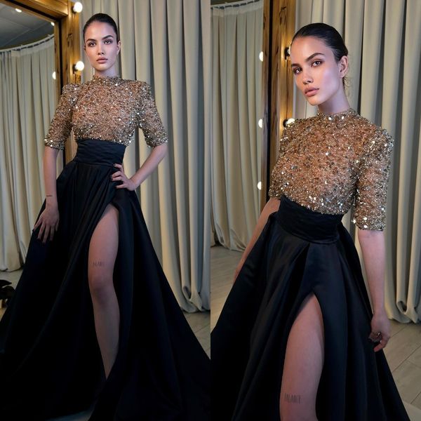 elegant a line evening dresses black high neck short sleeves sequins party prom dress split sweep train long dress for special occasion, Black;red
elegant a line evening dresses black high neck short sleeves sequins party prom dress split sweep train long dress for special occasion, Black;red