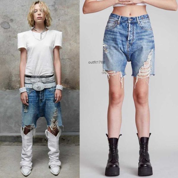 r13 same high waist deep crotch heavy wash big tear quarter denim shorts for women, Blue
r13 same high waist deep crotch heavy wash big tear quarter denim shorts for women, Blue