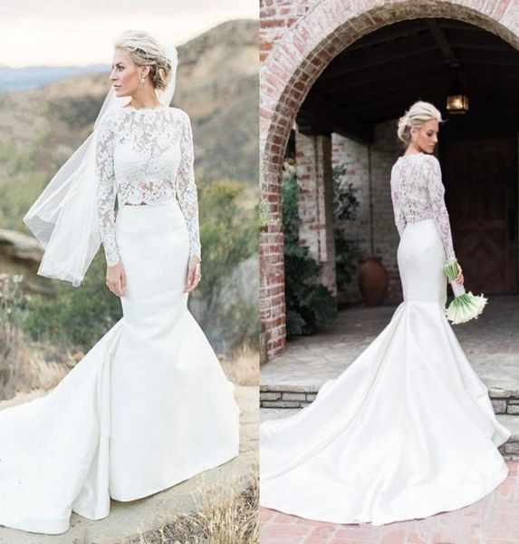 2 pieces mermaid wedding dresses long sleeve see through lace satin skirt bridal gowns sweep train custom size5098367, White
2 pieces mermaid wedding dresses long sleeve see through lace satin skirt bridal gowns sweep train custom size5098367, White