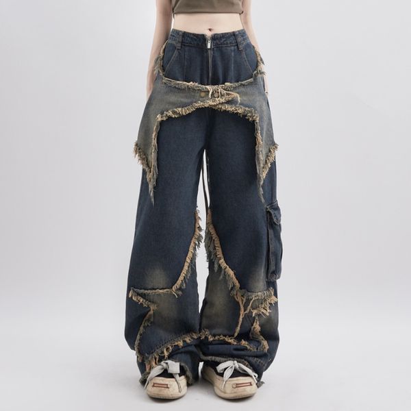 women s short blue jeans contrasting colors high waist american street wide leg pants fashion hip hop vintage straight autumn trousers 23072, White;black
women s short blue jeans contrasting colors high waist american street wide leg pants fashion hip hop vintage straight autumn trousers 23072, White;black