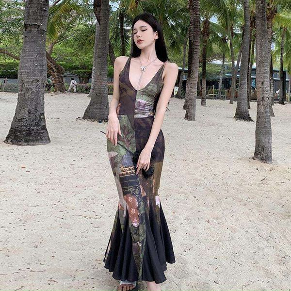french retro design chinese girl dress female elastic printed long strap fishtail, Black;gray
french retro design chinese girl dress female elastic printed long strap fishtail, Black;gray