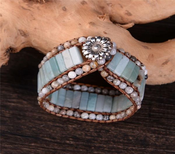 

bohemia bracelet amazonite single vintage leather wrap bracelet semi precious stone beaded cuff bracelet women039s gift mx190728937557, Golden;silver