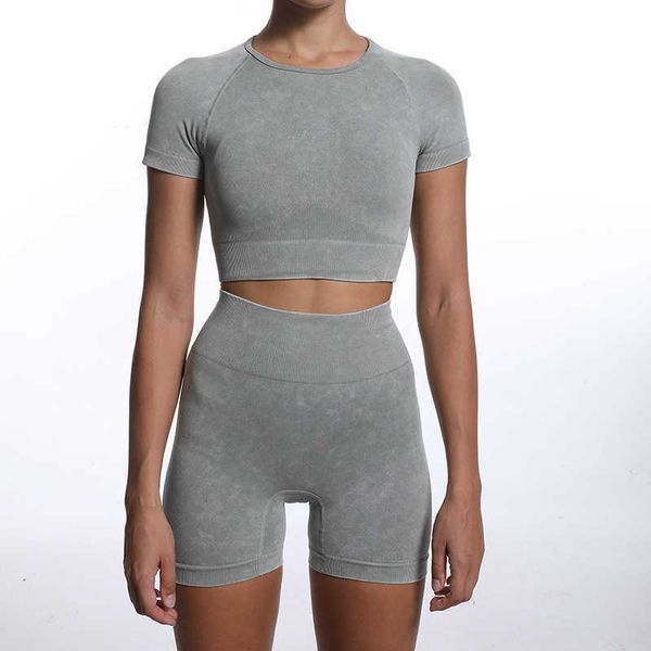 new sand washed seamless knitted yoga suit women's sports suit fitness short sleeve high waist hip lifting shorts set, White;red
new sand washed seamless knitted yoga suit women's sports suit fitness short sleeve high waist hip lifting shorts set, White;red