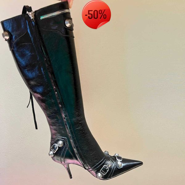 cagole lambskin leather knee-high boots stud buckle embellished side zip shoes pointed toe stiletto heel tall boot luxury designers shoe for, Black
cagole lambskin leather knee-high boots stud buckle embellished side zip shoes pointed toe stiletto heel tall boot luxury designers shoe for, Black